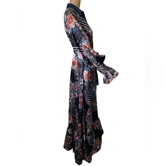 Eien Black Boho Hippie Eclectic Floral Geometric Puffer Long Sleeve Maxi Dress - Picture 3 of 7